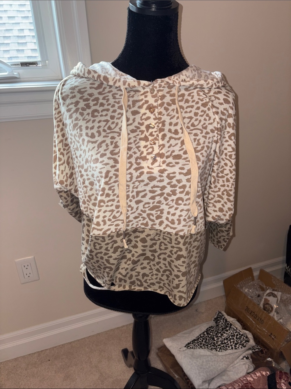POL Leopard Print Hooded Henley Top - Cream Taupe